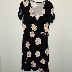Old Navy Waist Defined Faux Wrap Jersey Dress, Black Floral  Women’s Sz L
